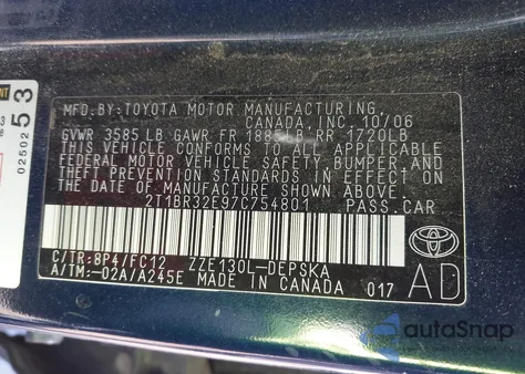 2007 Toyota Corolla S z USA, uszkodzony, nr VIN 2T1BR32E97C754801